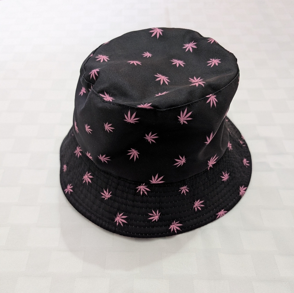 Black Bucket Hat with Pink Marijuana Leaf Pattern